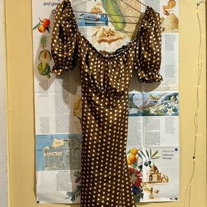 ASOS brown polka dot satin dress with puff sleeves